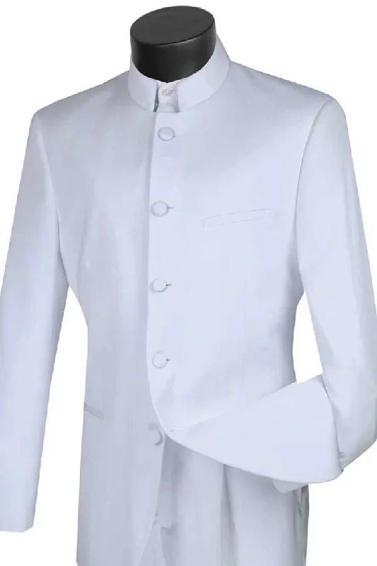 All White Mens Tuxedo -  Wedding Suit -Mens Five Button Mandarin Banded Tuxedo In White