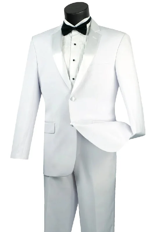 All White Mens Tuxedo -  Wedding Suit - Mens Modern Fit 2 Button Tuxedo In White