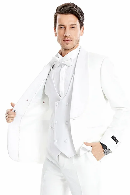 All White Mens Tuxedo -  Wedding Suit - Men's One Button Vested Wide Shawl Lapel Lace Style Paisley Prom & Wedding Tuxedo In White