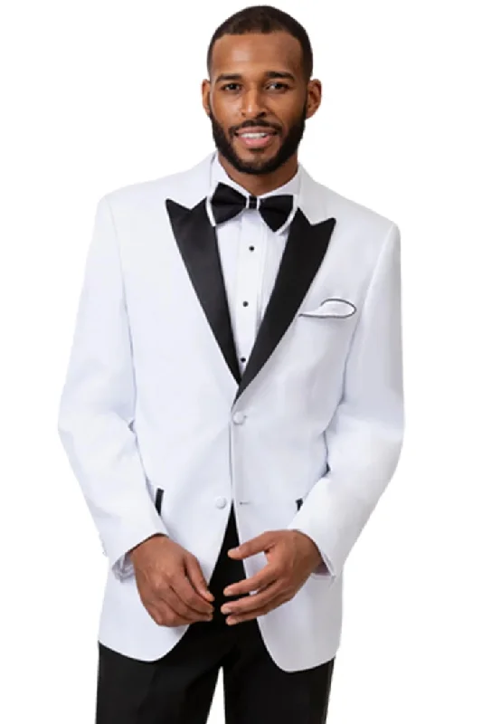 All White Mens Tuxedo -  Wedding Suit - Mens Two Button Peak Lapel Tuxedo In White & Black