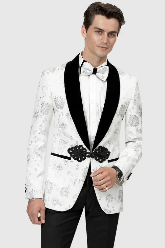 All White Mens Tuxedo -  Wedding Suit - Mens Velvet Shawl Lapel Prom Tuxedo Smoking Jacket In White Paisley