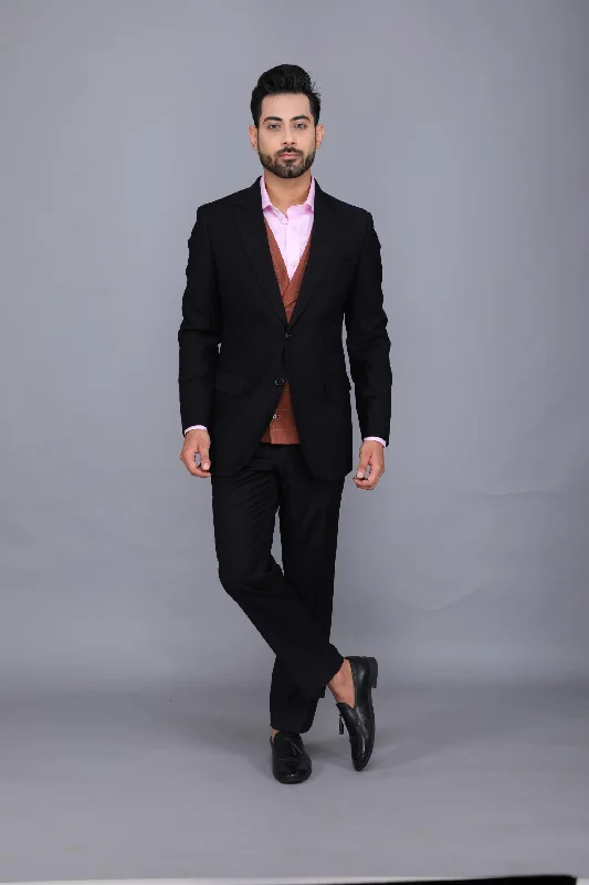 Black Three-piece Buisness Suit with Rust Waistcoat