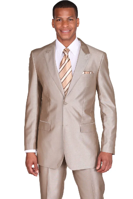 Mens 2 Button Slim Fit Peak Lapel Shiny Sharkskin Suit in Tan