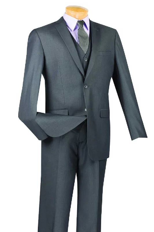 Mens Basic 2 Button Vested Slim Fit Suit in Charcoal Grey