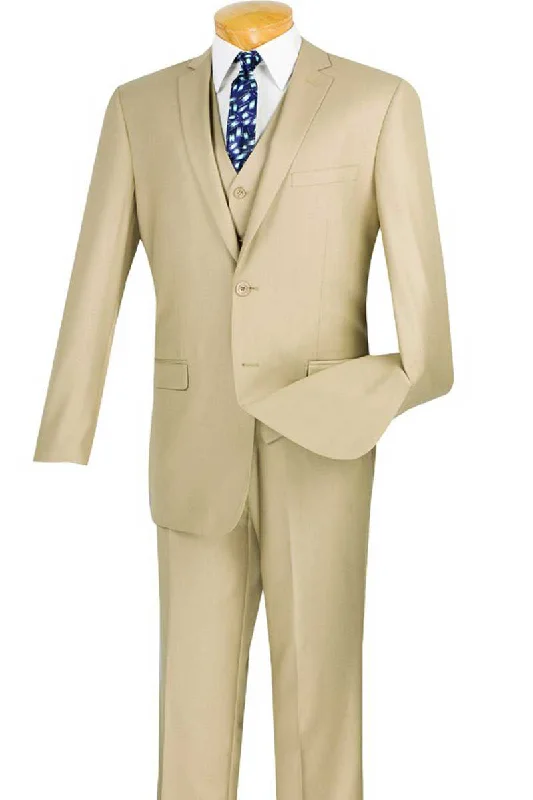 Mens Basic 2 Button Vested Slim Fit Suit in Tan