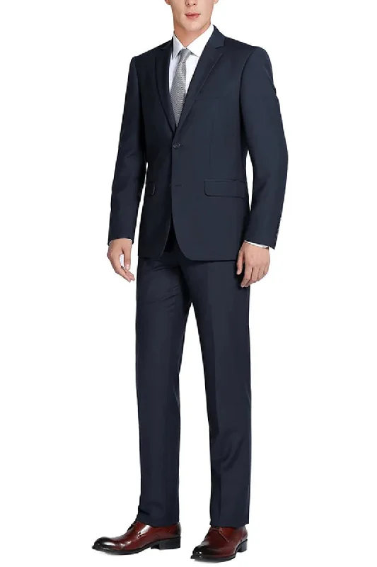 Mens Basic Two Button Slim Fit Suit with Optional Vest in Dark Navy Blue