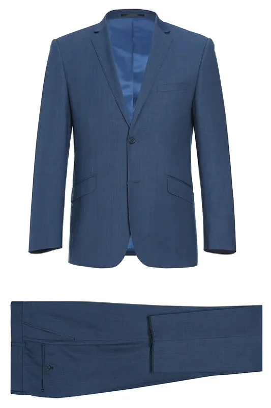 Mens Basic Two Button Slim Fit Wool Suit in Steel Blue