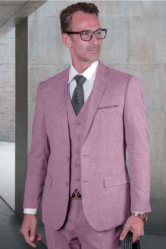 Men's Designer Modern Fit Vested Wool Sharkskin Suit in Lavender