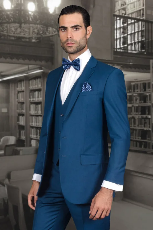 Men's Designer Slim Fit Vested Wool Wedding Suit in Blue