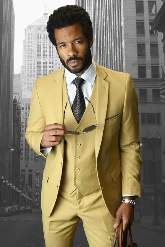 Men's Designer Slim Fit Vested Wool Wedding Suit in Chestnut Camel