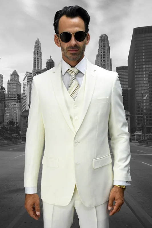 Men's Designer Slim Fit Vested Wool Wedding Suit in Ivory Off White