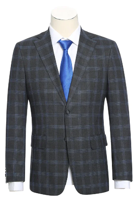 Mens Designer Two Button Slim Fit Notch Lapel Suit in Charcoal Grey Windowpane Plaid