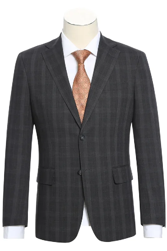 Mens Designer Two Button Slim Fit Notch Lapel Suit in Dark Charcoal Grey Windowpane Plaid