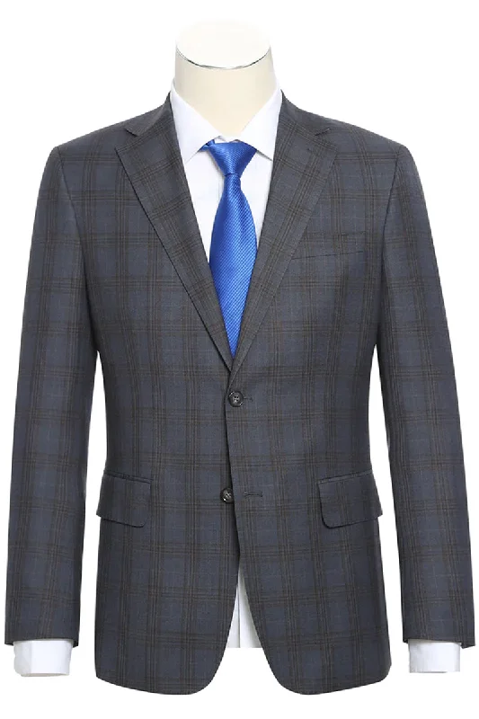 Mens Designer Two Button Slim Fit Notch Lapel Suit in Grey & Tan Windowpane Plaid