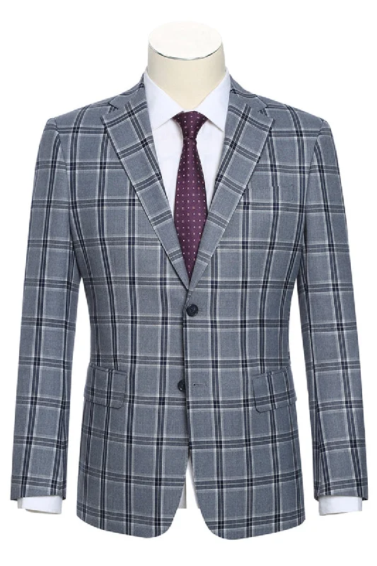 Mens Designer Two Button Slim Fit Notch Lapel Suit in Grey Windowpane Plaid