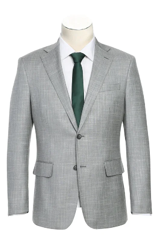 Mens Designer Two Button Slim Fit Notch Lapel Suit in Light Grey Herringbone