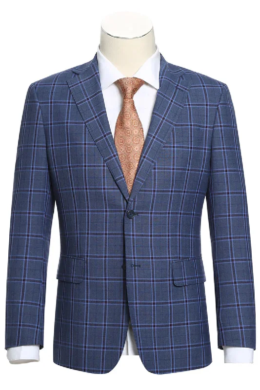 Mens Designer Two Button Slim Fit Notch Lapel Suit in Navy Blue Windowpane Plaid