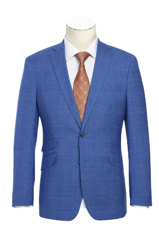 Mens Designer Two Button Slim Fit Notch Lapel Suit in Royal Blue Windowpane Plaid Check