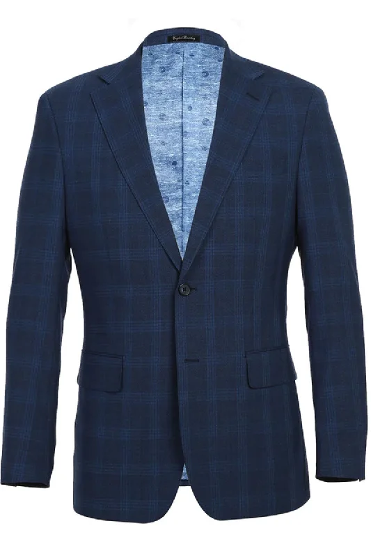 Mens Designer Two Button Slim Fit Notch Lapel Wool Suit in Airforce Blue Windopane Plaid