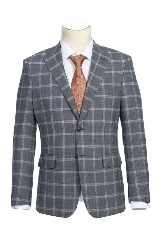 Mens Designer Two Button Slim Fit Notch Lapel Wool Suit in Bold Medium Grey Windowpane Plaid