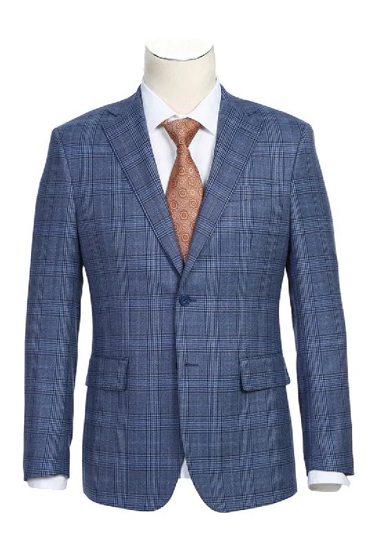 Mens Designer Two Button Slim Fit Notch Lapel Wool Suit in Denim Blue Windowpane Plaid