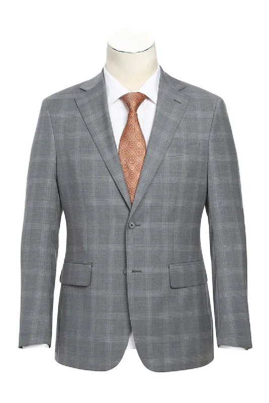 Mens Designer Two Button Slim Fit Notch Lapel Wool Suit in Light Grey Windowpane Plaid Check