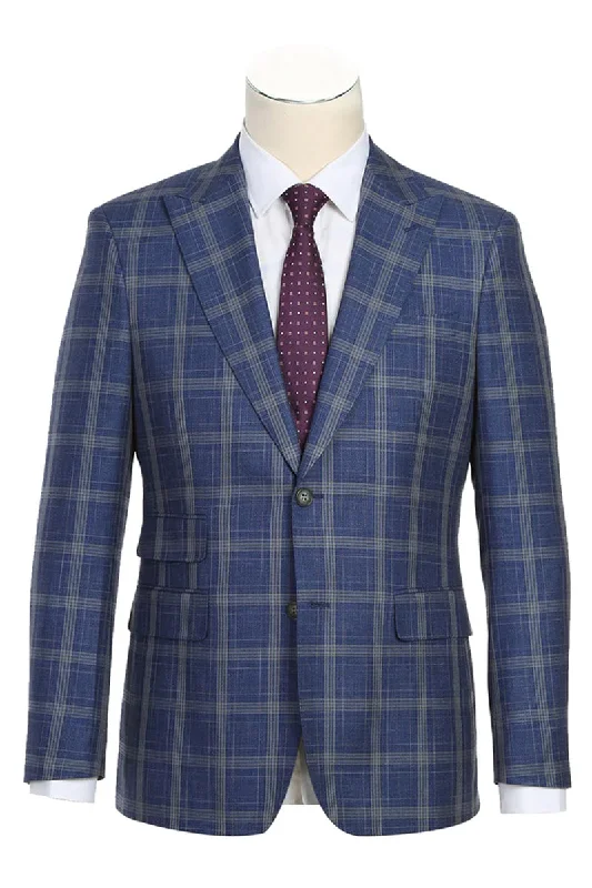 Mens Designer Two Button Slim Fit Peak Lapel Suit in Blue & Gold Windowpane Plaid