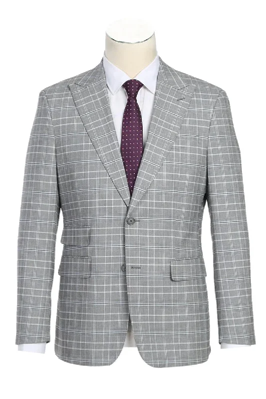 Mens Designer Two Button Slim Fit Peak Lapel Suit in Light Grey Smoke Windowpane Plaid