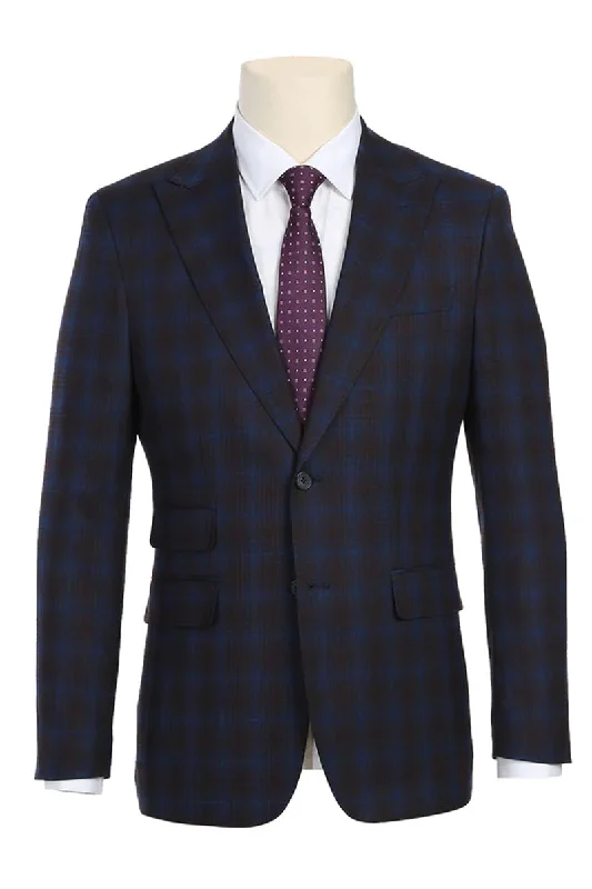 Mens Designer Two Button Slim Fit Peak Lapel Suit in Navy Blue & Burgundy Windowpane Plaid Check