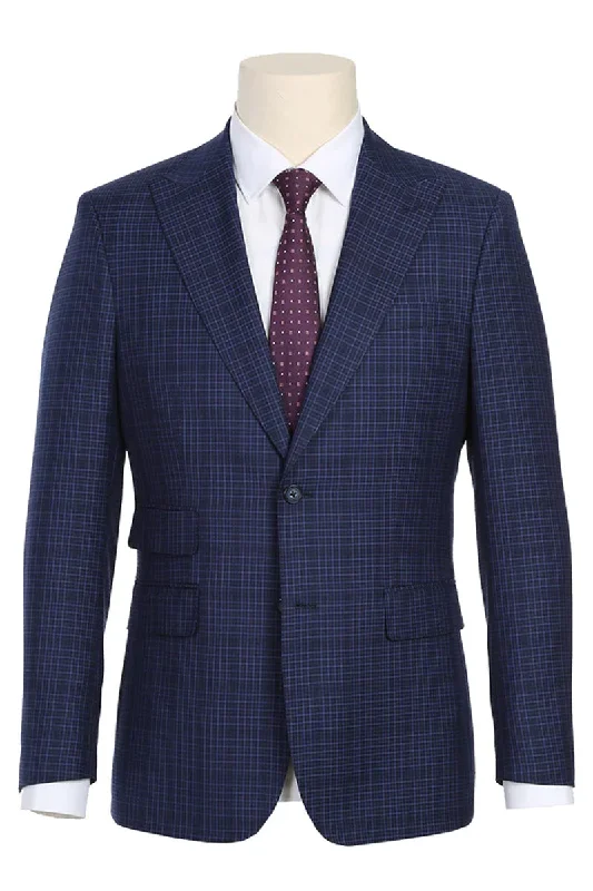 Mens Designer Two Button Slim Fit Peak Lapel Suit in Navy Blue Overcheck Plaid