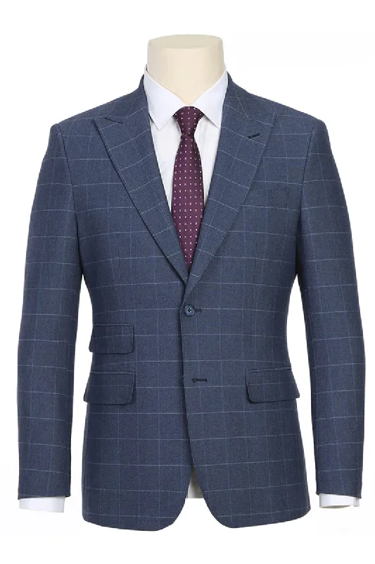 Mens Designer Two Button Slim Fit Peak Lapel Suit in Pale Blue Windowpane Plaid