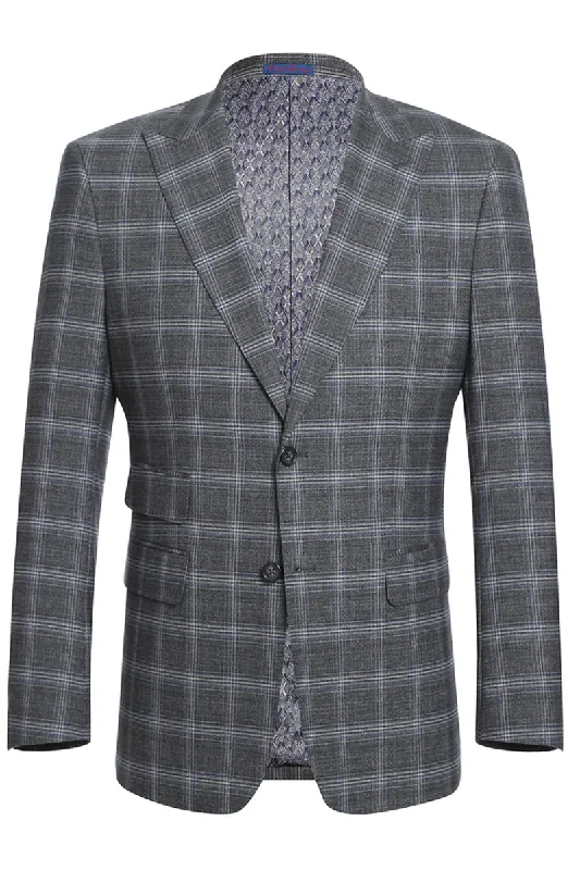 Mens Designer Two Button Slim Fit Peak Lapel Ticket Pocket Suit in Grey Blue Windowpane Plaid