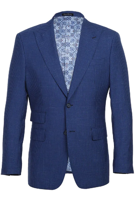 Mens Designer Two Button Slim Fit Peak Lapel Wool Suit in Blue Mini Plaid Check