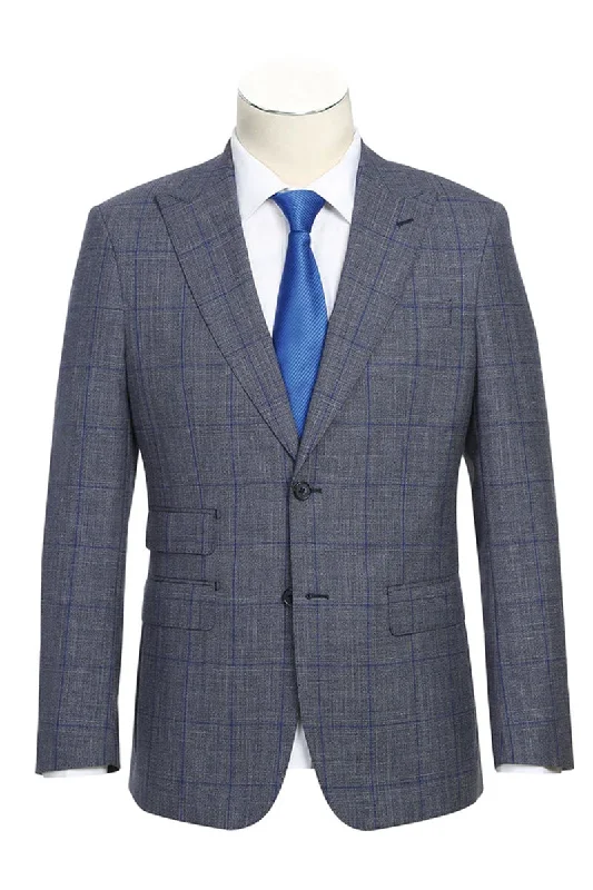 Mens Designer Two Button Slim Fit Peak Lapel Wool Suit in Grey & Blue Windowpane Plaid Check