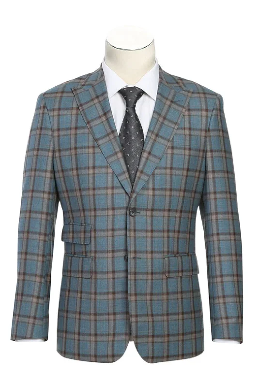 Mens Designer Two Button Slim Fit Peak Lapel Wool Suit in Grey & Bronze Windowpane Plaid Check