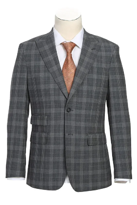 Mens Designer Two Button Slim Fit Peak Lapel Wool Suit in Grey Windowpane Plaid Check