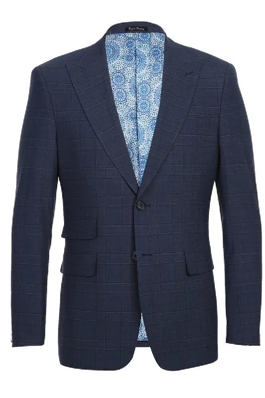 Mens Designer Two Button Slim Fit Peak Lapel Wool Suit in Prussian Blue Windowpane Plaid Check