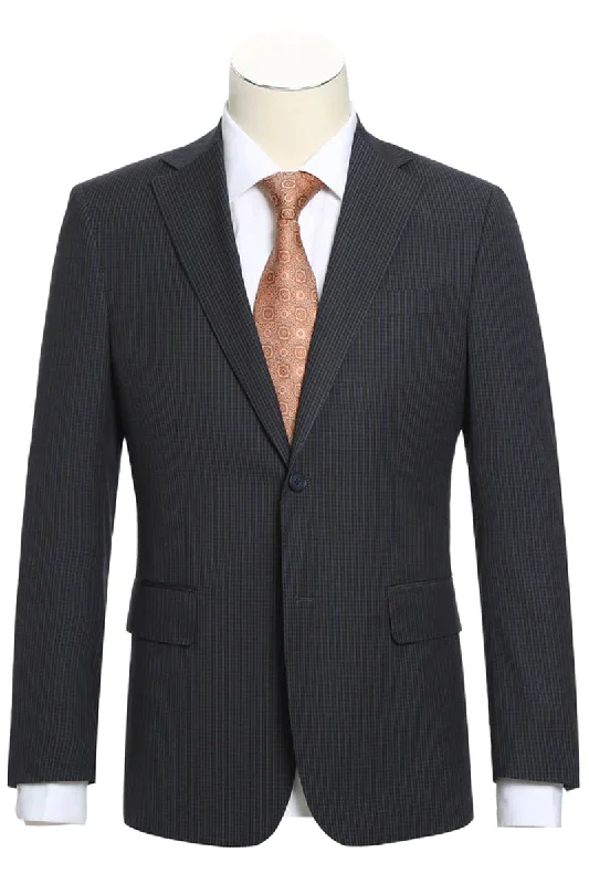 Mens Designer Two Button Slim Fit Suit in Grey Blue Check Plaid