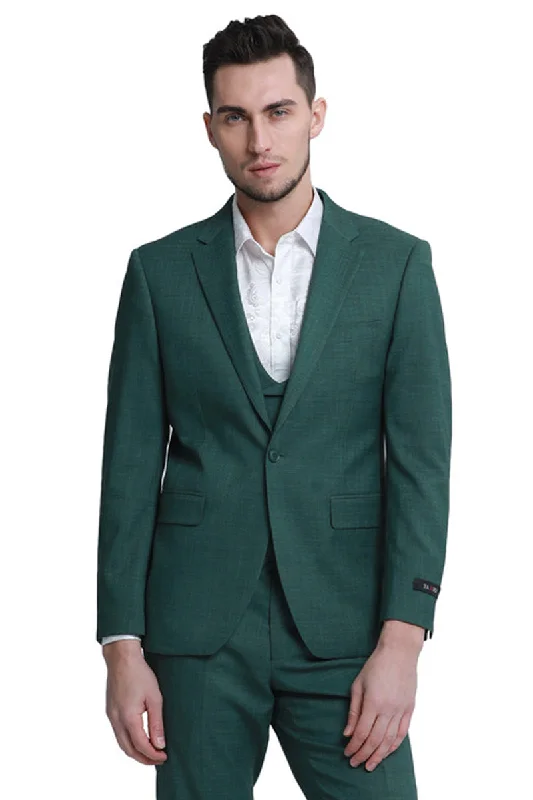 Men's One Button Double Breasted Vest Slim Fit Sharkskin Wedding Suit in Hunter Green