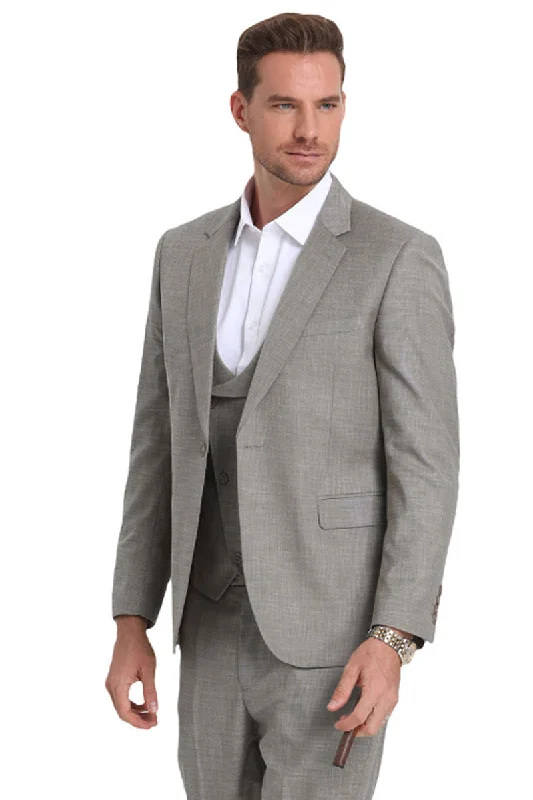 Men's One Button Double Breasted Vest Slim Fit Sharkskin Wedding Suit in Light Grey