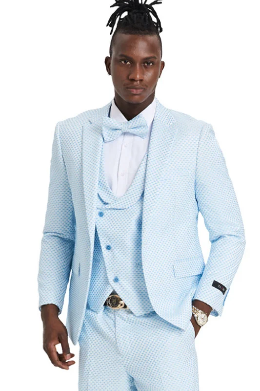 Men's One Button Double Brested Vest Notch Lapel Prom & Wedding Suit in Sky Bue Polka Dot