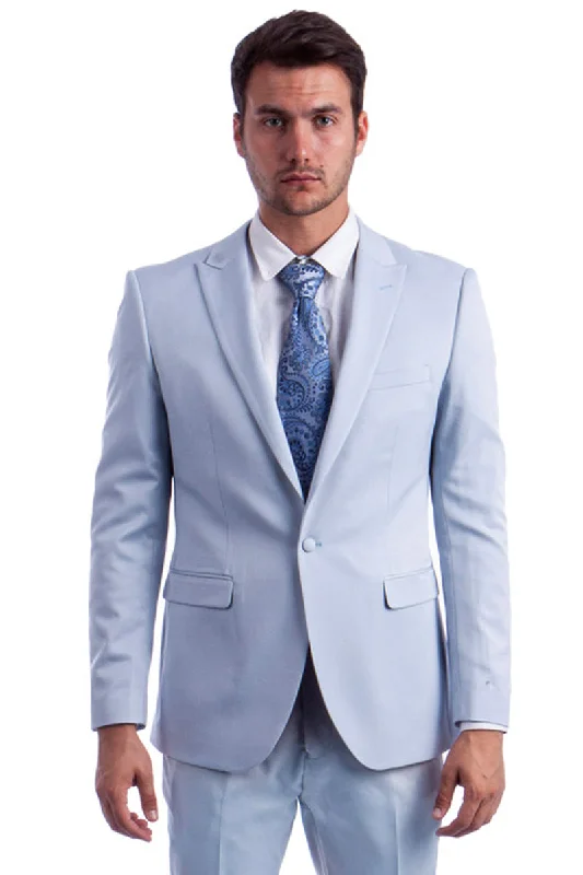 Men's One Button Peak Lapel Basic Slim Fit Suit in Light Blue