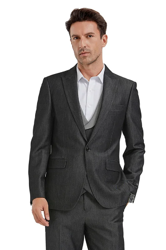 Men's One Button Peak Lapel Double Breasted Vest Suit in Black Sharkskin