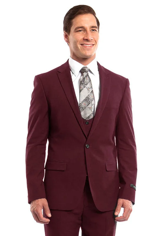 Men's One Button Peak Lapel Skinny Wedding & Prom Suit with Lowcut Vest in Burgundy