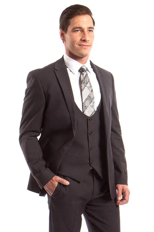 Men's One Button Peak Lapel Skinny Wedding & Prom Suit with Lowcut Vest in Dark Grey