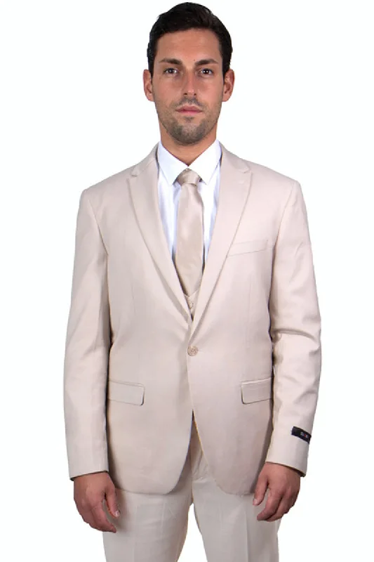 Men's One Button Peak Lapel Skinny Wedding & Prom Suit with Lowcut Vest in Tan