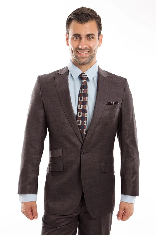 Men's One Button Peak Lapel Slim Fit Sharkskin Suit with Ticket Pocket in Brown