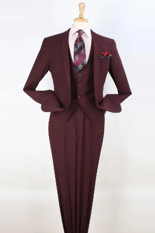 Mens One Button Slim Fit Vested Peak Lapel Skinny Suit in Burgundy