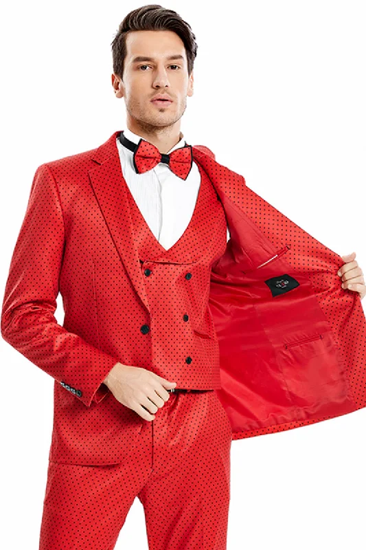 Men's One Button Vested Mini Polka Dot Prom Suit in Red & Black