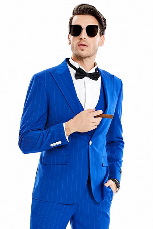 Men's One Button Vested Wide Peak Lapel Bold Gangster Pinstripe Suit in Royal Blue